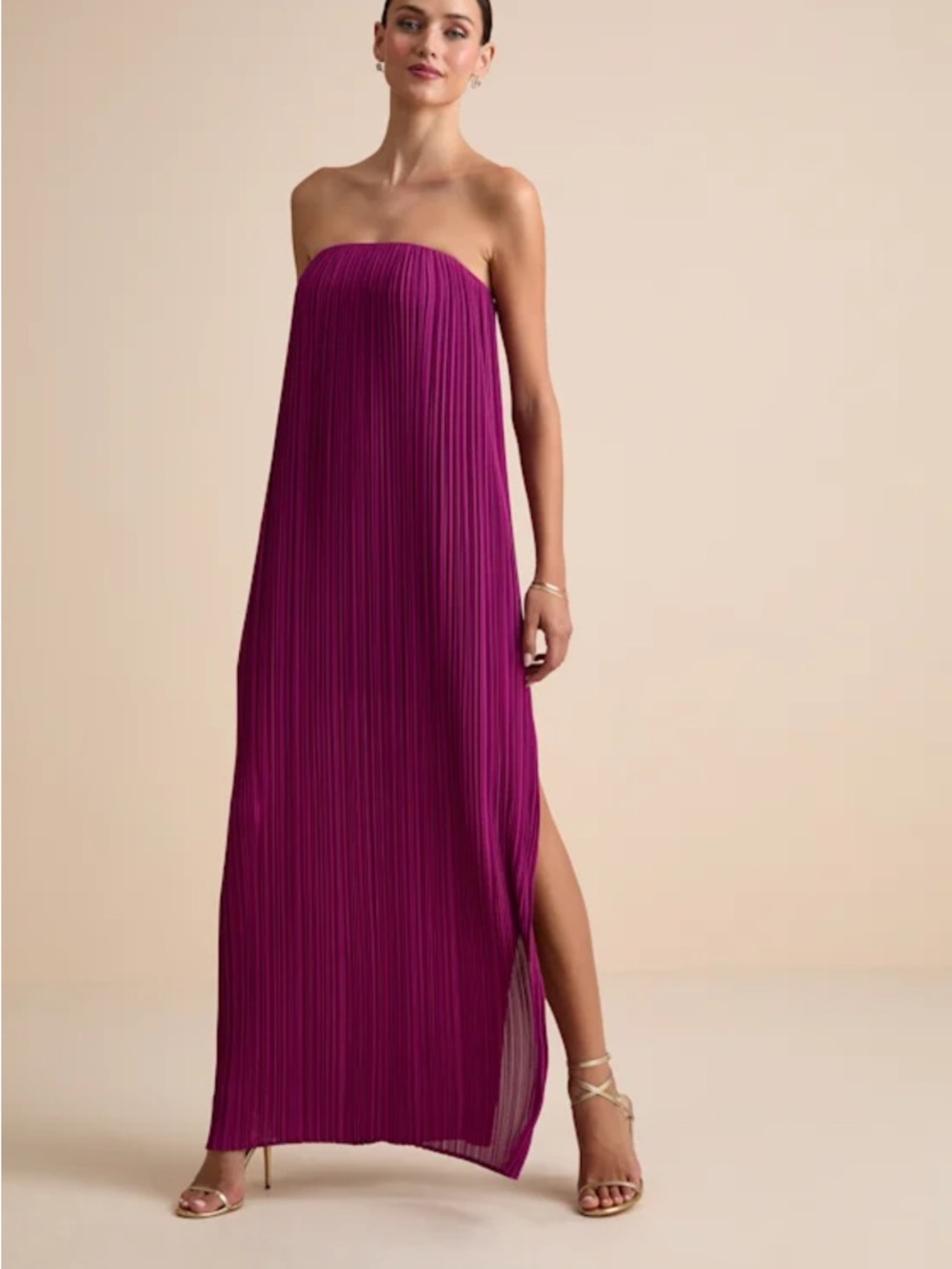 Lulu's Strapless Pleated Maxi Dress in Fuchsia